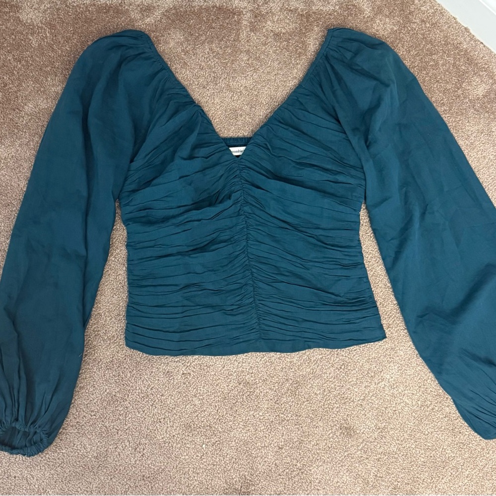Abercrombie & Fitch Women’s Teal Ruched V-Neck Long Sleeve Top